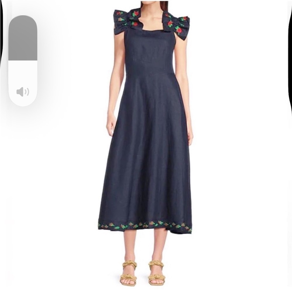 FANM MON Alanya 100% Linen Embroidered‎ Dress Off The Shoulder Navy Small New